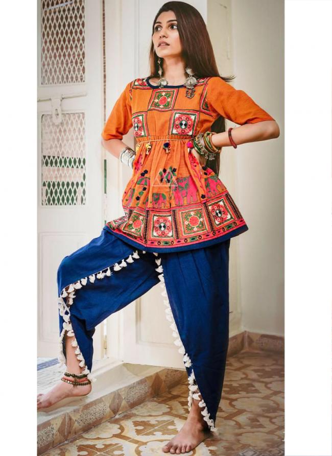 Cotton Orange Navratri Wear Embroidery Work Readymade Kediya With Afghani Pant